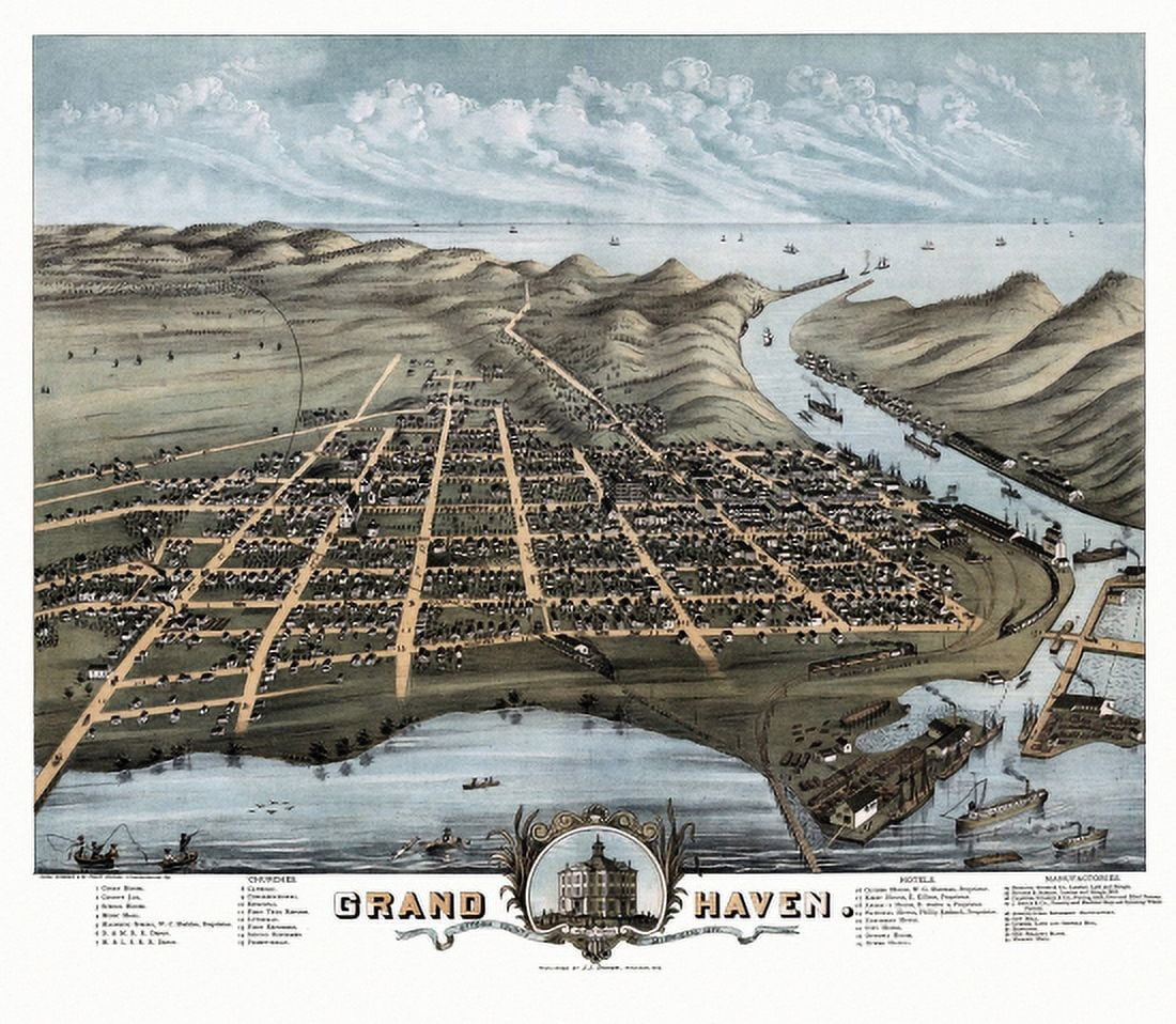 Old Map of Grand Haven Michigan 1874 Ottawa County Canvas Art - (36 x 54)