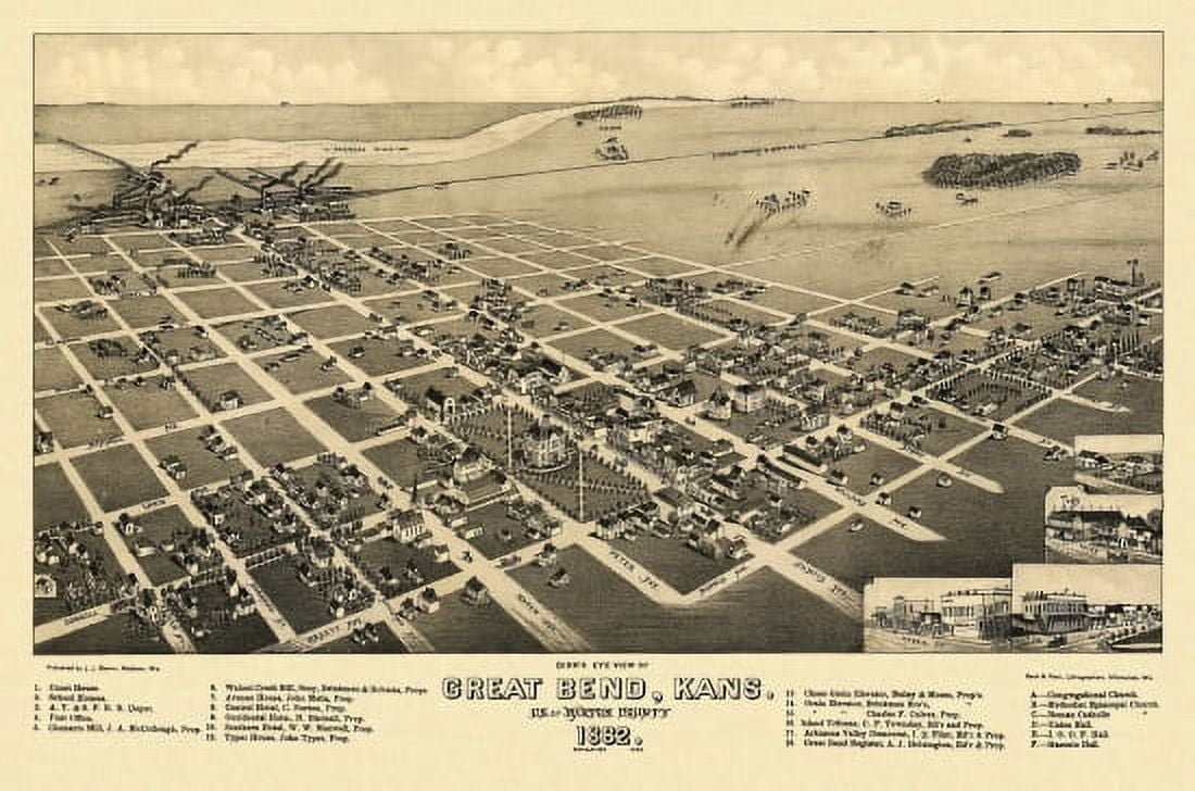 Old Map of Great Bend Kansas 1882 Barton County Canvas Art - (18 x 24)