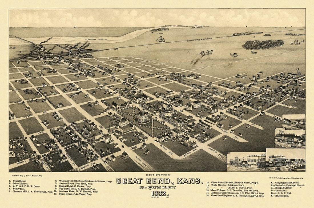 Old Map of Great Bend Kansas 1882 Barton County Canvas Art - (36 x 54)