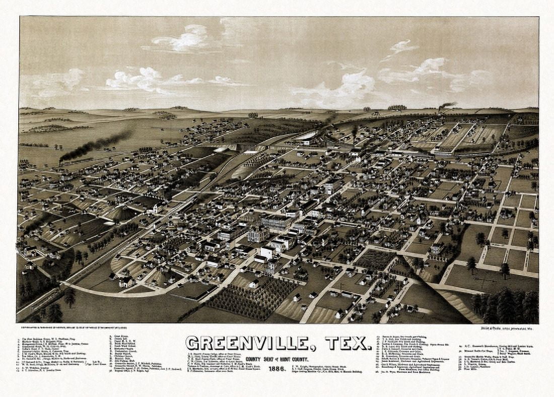 Old Map of Greenville Texas 1886 Hunt County Canvas Art - (36 x 54)
