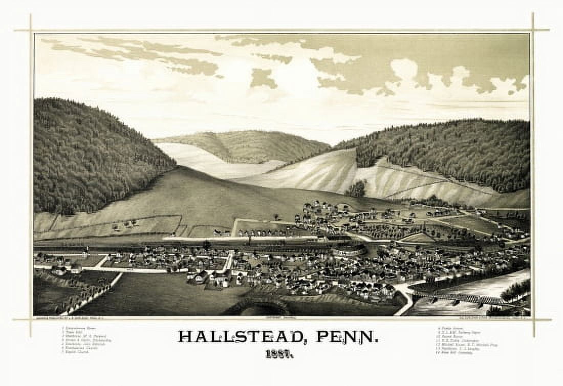 Old Map of Hallstead Pennsylvania 1887 Susquehanna County Canvas Art - (24 x 36)