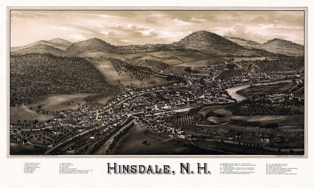 Old Map of Hinsdale New Hampshire 1886 Cheshire County Canvas Art - (36 x 54)