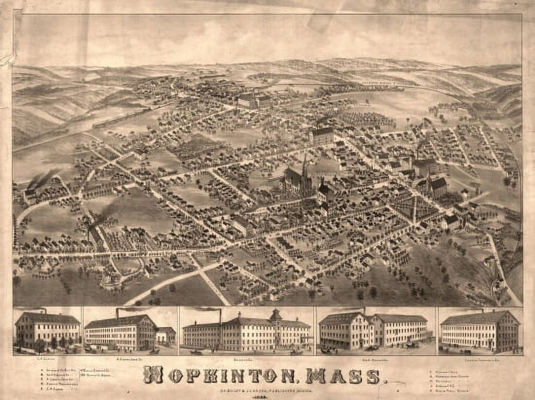 Old Map of Hopkinton Massachusetts 1880 Middlesex County Canvas Art - (24 x 36)