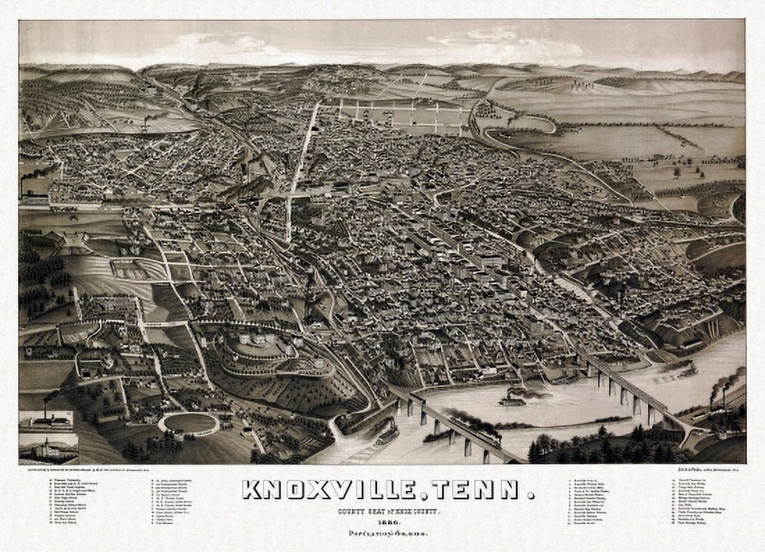 Old Map of Knoxville Tennessee 1886 Knox County Canvas Art - (36 x 54)
