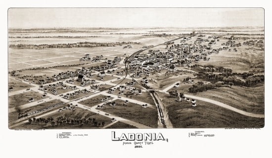 Old Map of Ladonia Texas 1891 Fannin County Canvas Art - (18 x 24)