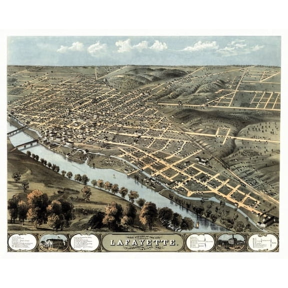 Old Map of Lafayette Indiana 1868 Tippecanoe County Canvas Art - (36 x 54)