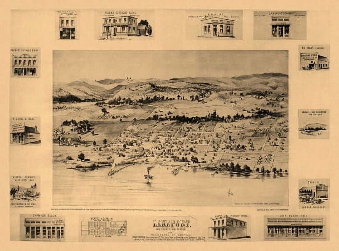 Old Map of Lakeport California 1888 Lake County Canvas Art - (18 x 24)