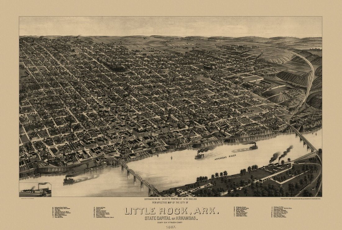 Old Map of Little Rock Arkansas 1887 Pulaski County Canvas Art - (36 x 54)