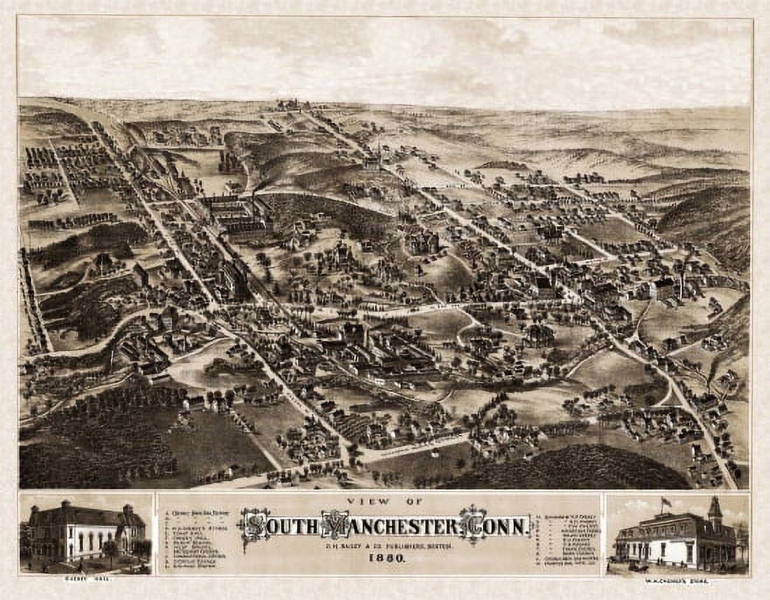 Old Map of Manchester Connecticut 1880 Tolland County Canvas Art - (36 x 54)