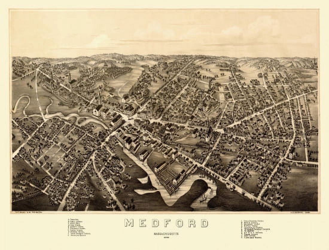Old Map of Medford Massachusetts 1880 Middlesex County Canvas Art - (36 x 54)