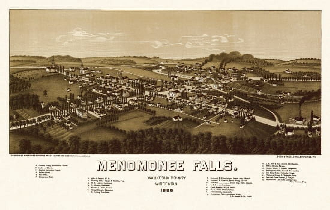 Old Map of Menomonee Falls Wisconsin 1886 Waukesha County Canvas Art - (36 x 54)