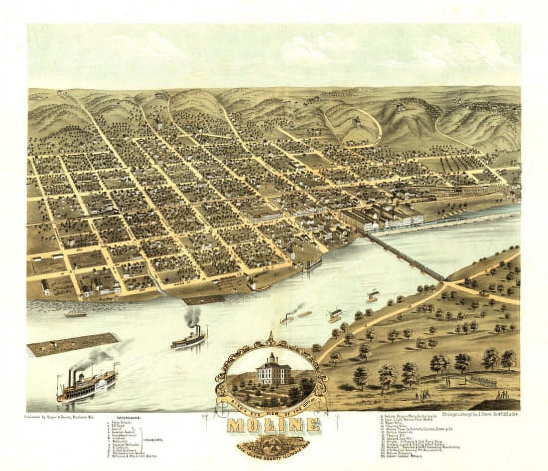 Old Map of Moline Illinois 1869 Rock Island County Canvas Art - (18 x 24)