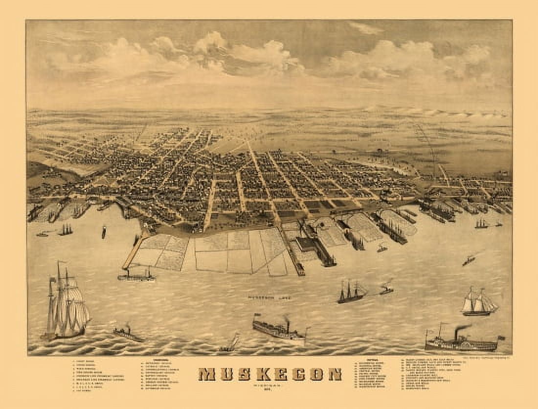 Old Map of Muskegon Michigan 1874 Muskegon County Canvas Art - (18 x 24)