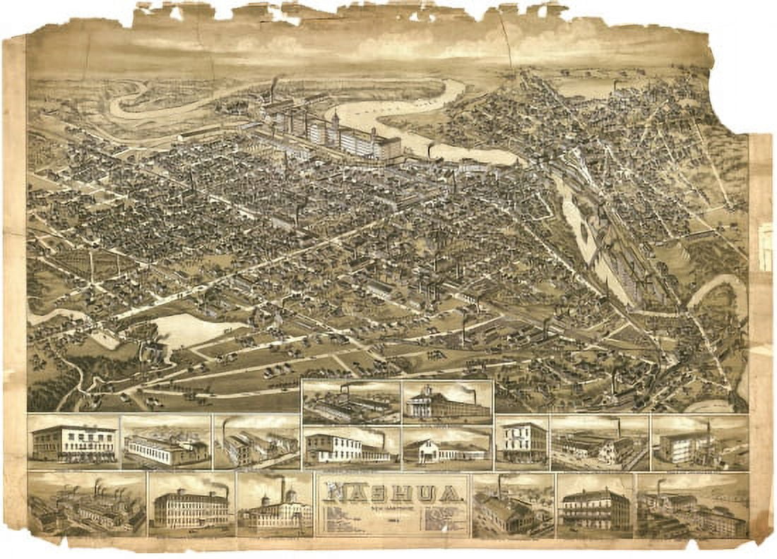 Old Map of Nashua New Hampshire 1883 Hillsborough County Canvas Art - (24 x 36)
