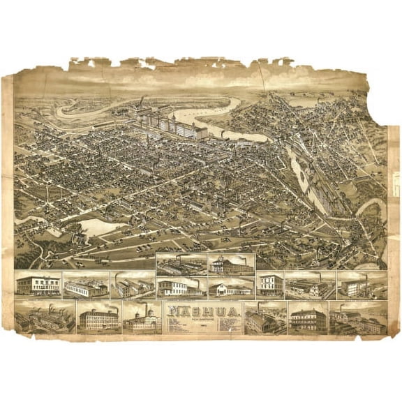 Old Map of Nashua New Hampshire 1883 Hillsborough County Canvas Art - (24 x 36)