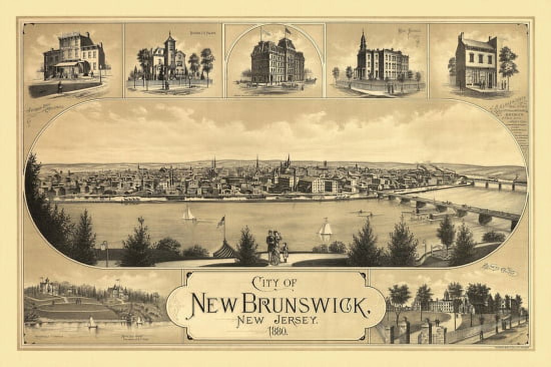 Old Map of New Brunswick New Jersey 1880 Middlesex County Canvas Art - (24 x 36)