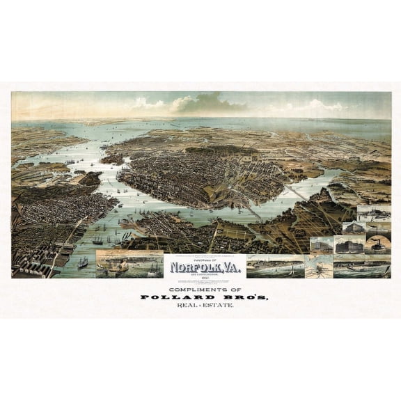 Old Map of Norfolk Virginia 1892 Norfolk County Canvas Art - (24 x 36)