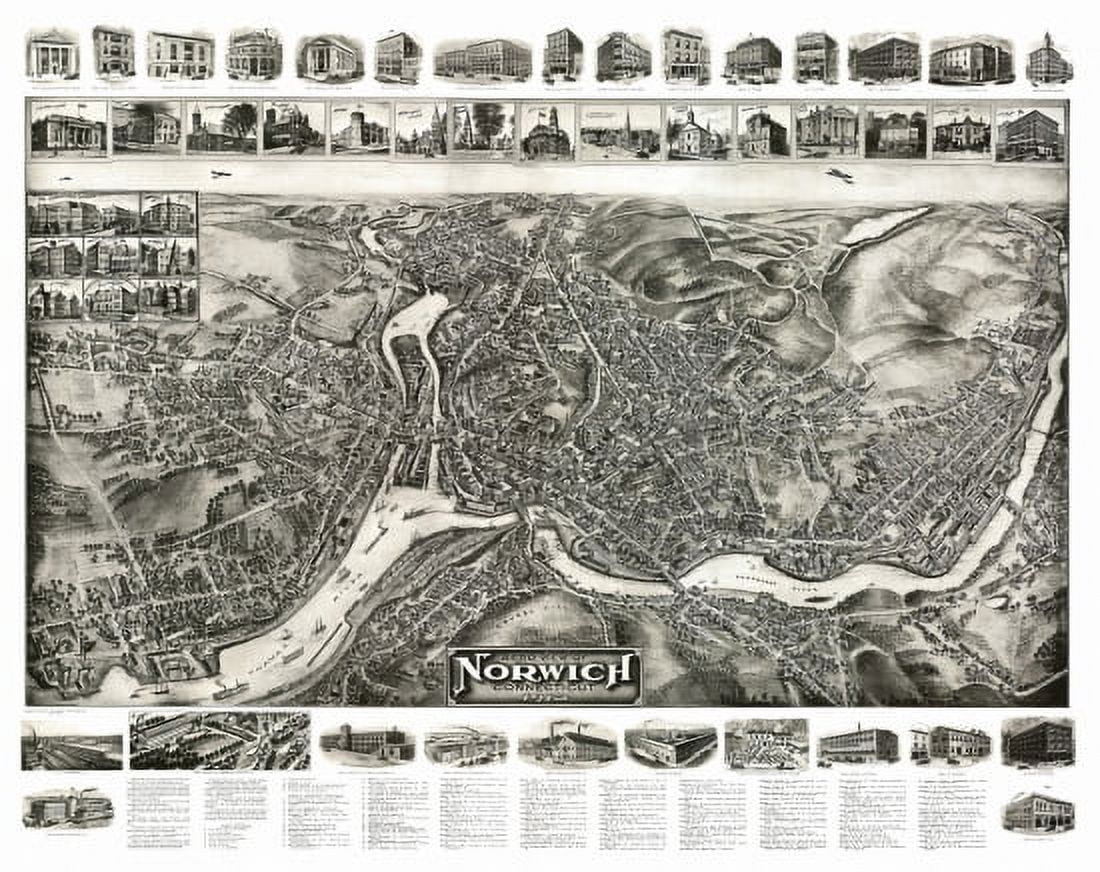 Old Map of Norwich Connecticut 1912 New London County Canvas Art - (36 x 54)