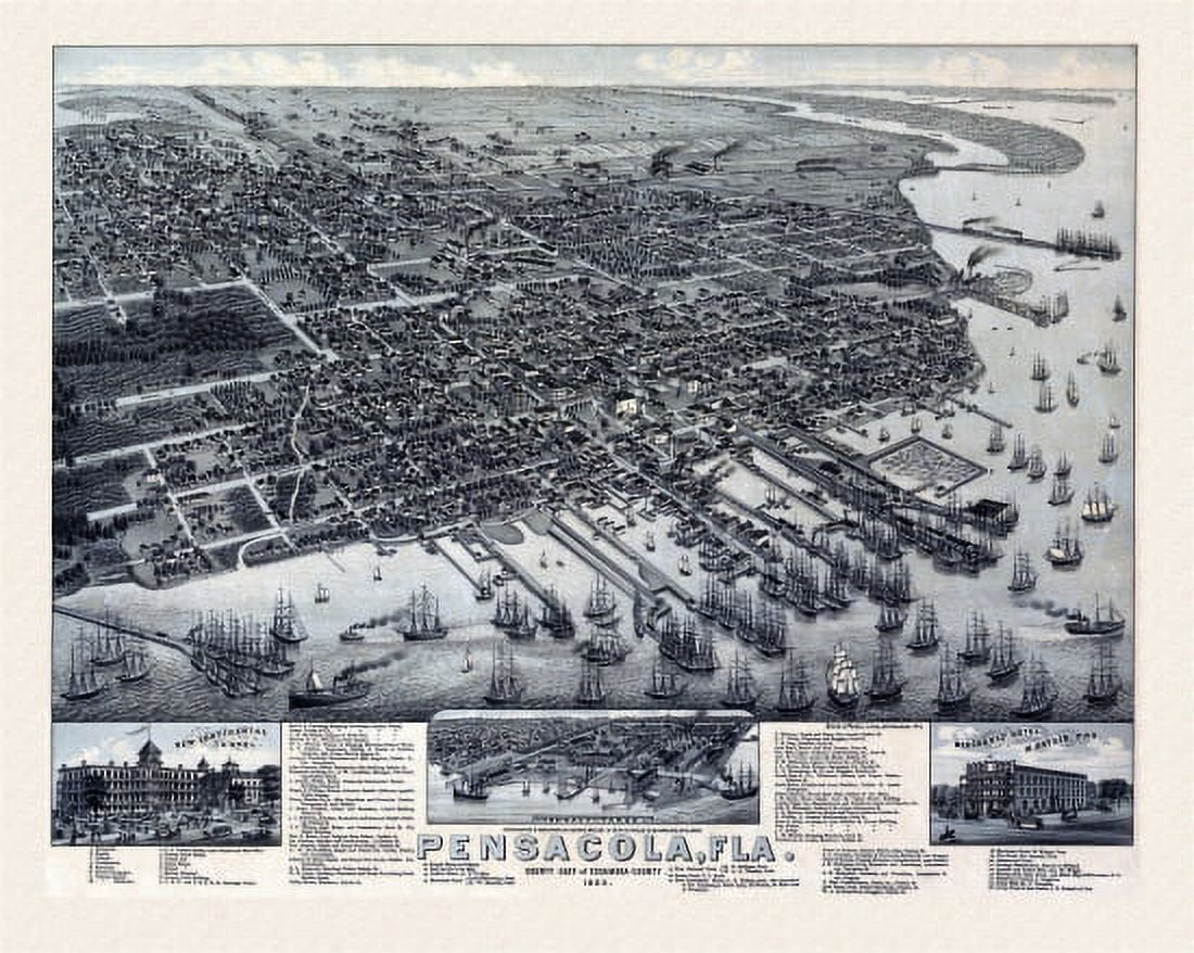 Old Map of Pensacola Florida 1885 Escambia County Canvas Art - (36 x 54)