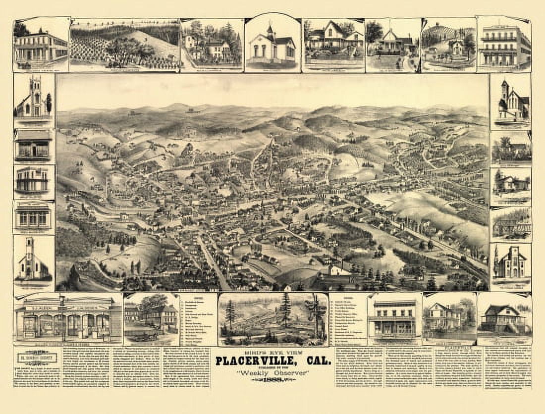 Old Map of Placerville California 1888 El Dorado County Canvas Art - (18 x 24)