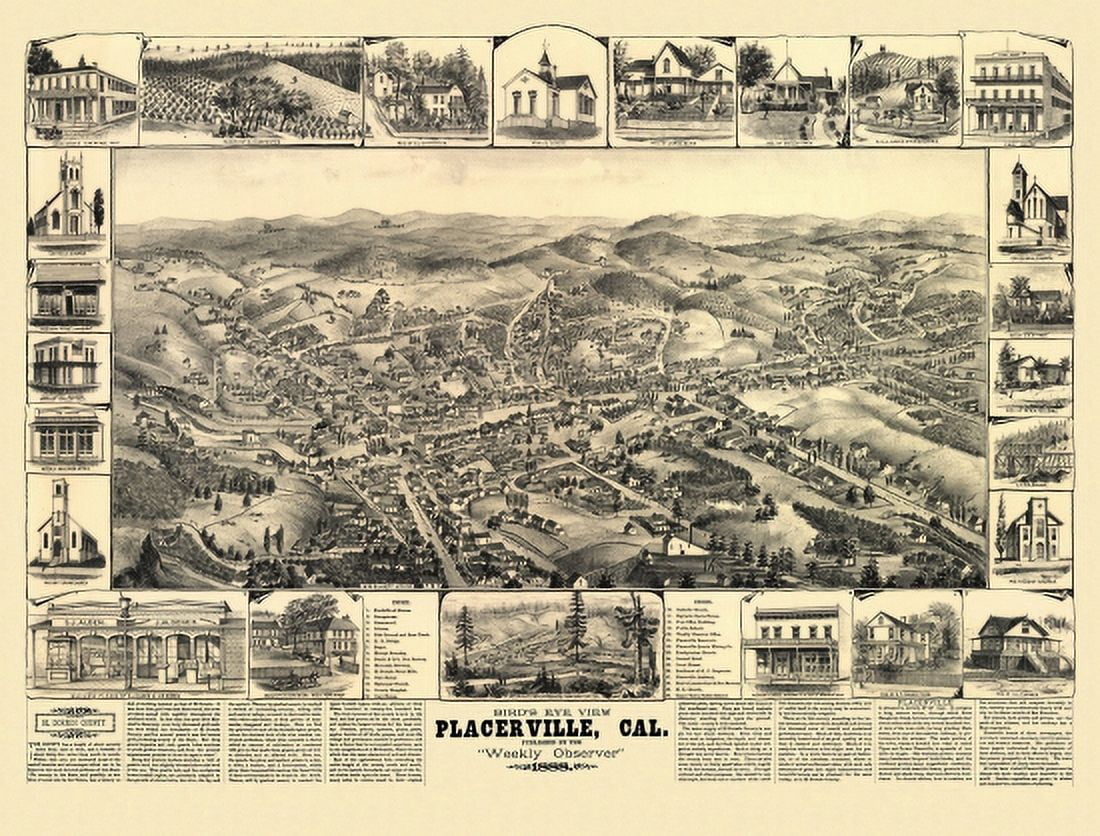 Old Map of Placerville California 1888 El Dorado County Canvas Art - (24 x 36)