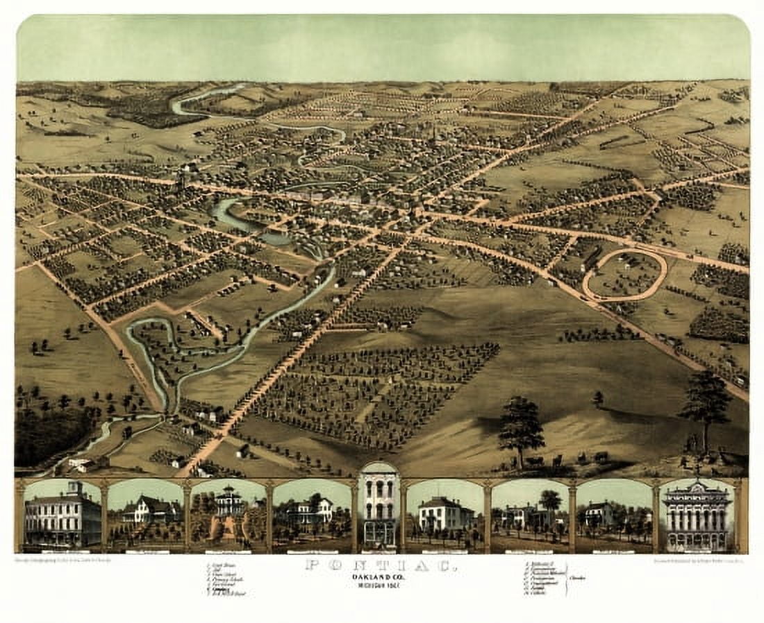Old Map of Pontiac Michigan 1867 Oakland County Canvas Art -  (24 x 36)