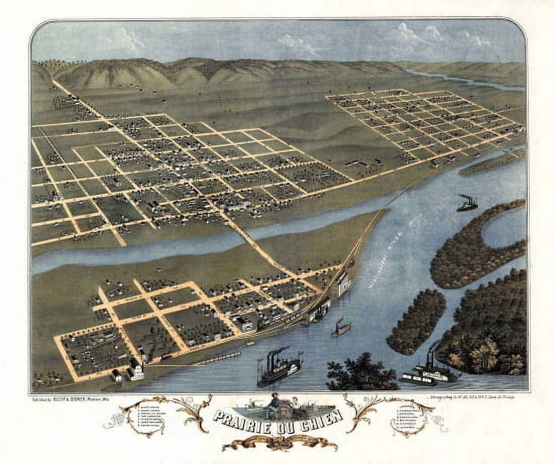 Old Map of Prairie du Chien Wisconsin 1870 Crawford County Canvas Art - (36 x 54)