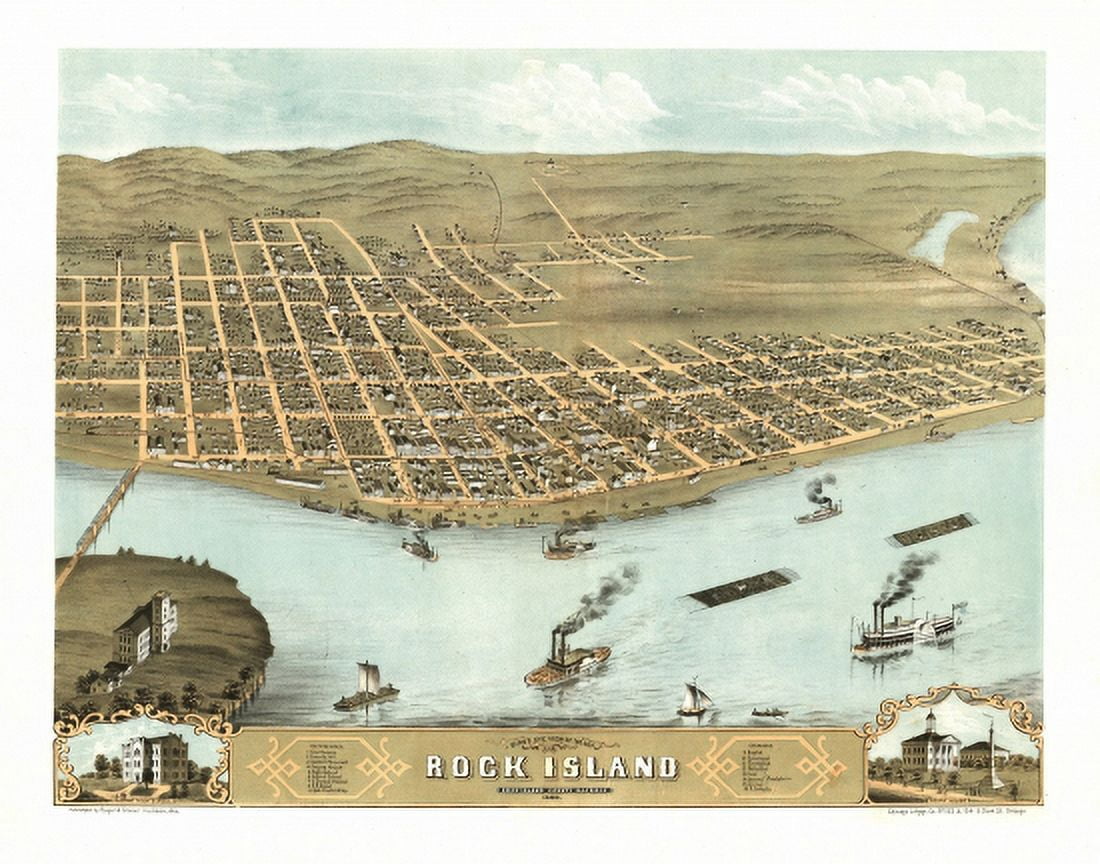 Old Map of Rock Island Illinois 1869 Rock Island County Canvas Art - (18 x 24)