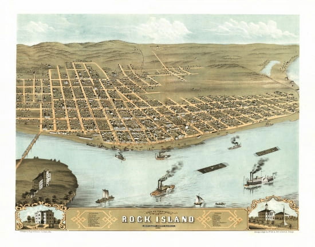 Old Map of Rock Island Illinois 1869 Rock Island County Canvas Art - (36 x 54)