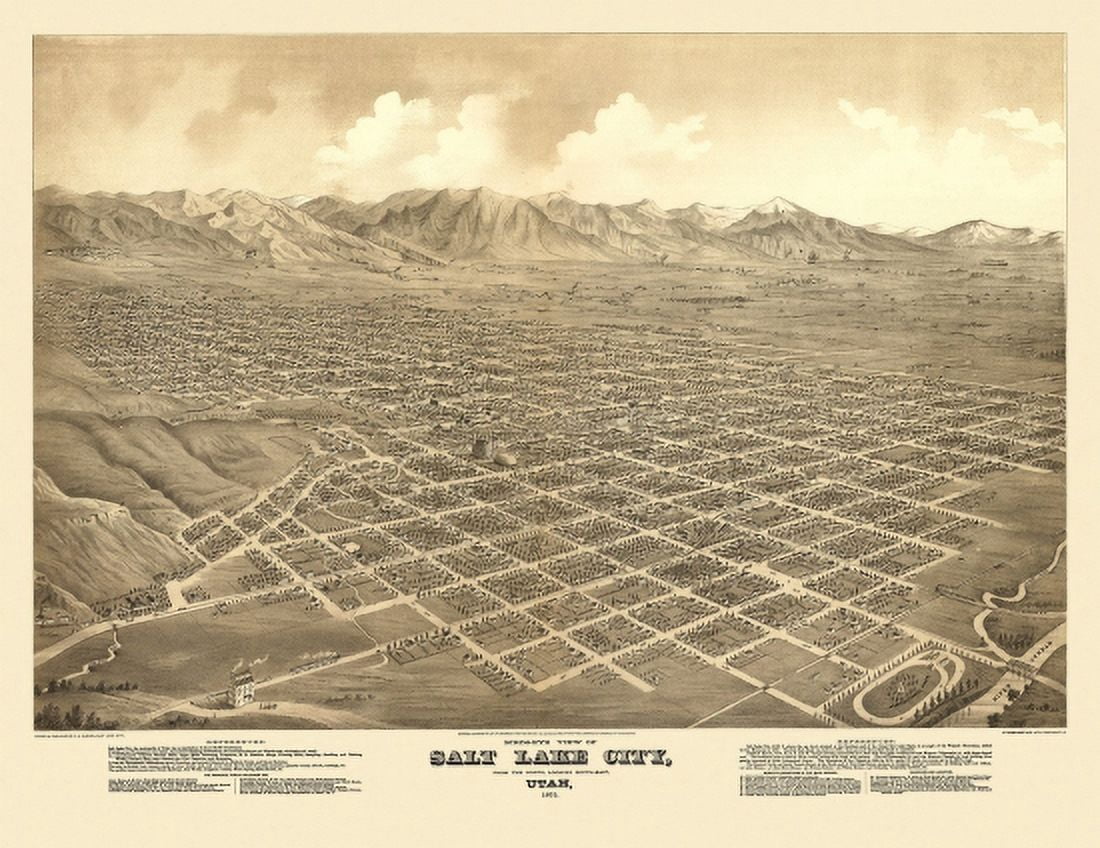 Old Map of Salt Lake City Utah 1875 Salt Lake County Canvas Art - (36 x 54)