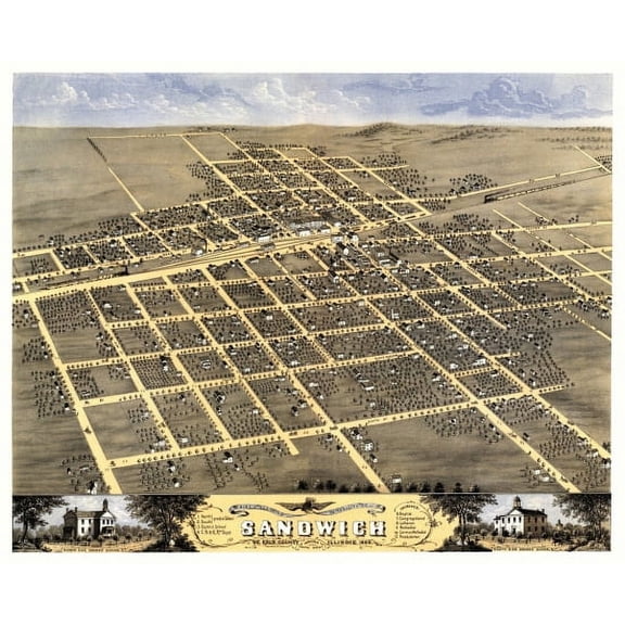 Old Map of Sandwich Illinois 1869 De Kalb County Canvas Art - (36 x 54)