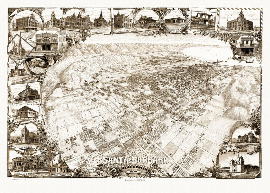 Old Map of Santa Barbara California 1898 Santa Barbara County Canvas Art - (24 x 36)