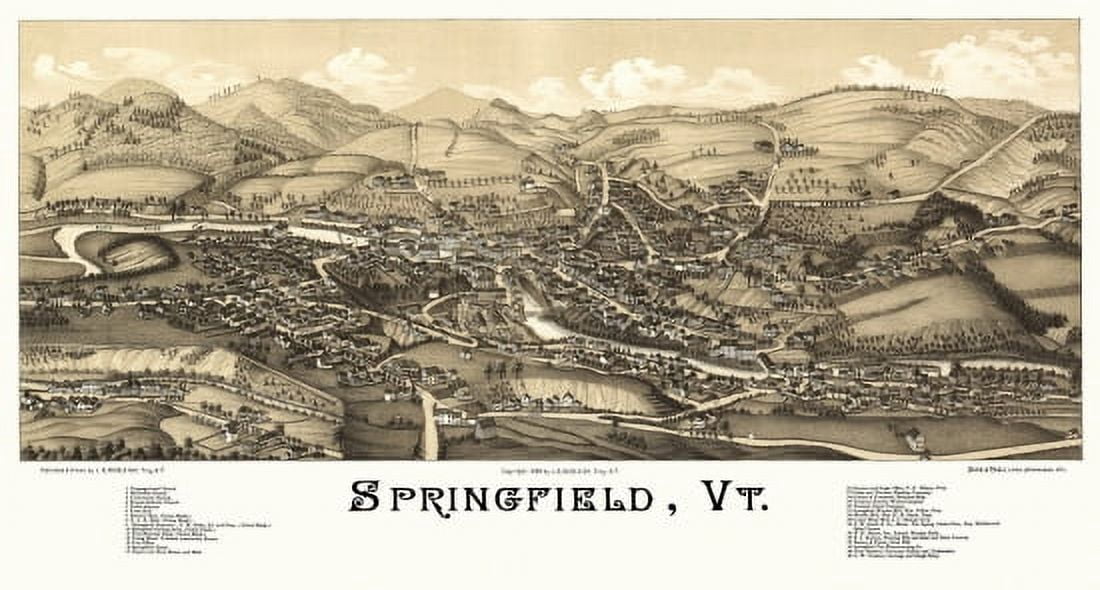 Old Map of Springfield Vermont 1886 Windsor County Canvas Art - (18 x 24)