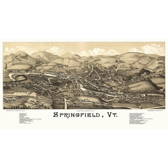 Old Map of Springfield Vermont 1886 Windsor County Canvas Art - (24 x 36)