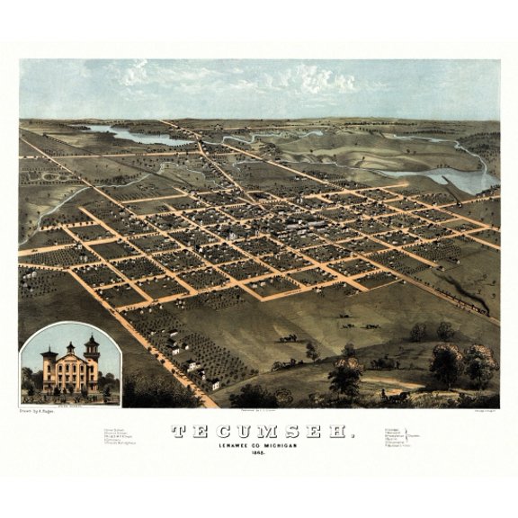 Old Map of Tecumseh Michigan 1868 Lenawee County Canvas Art - (24 x 36)