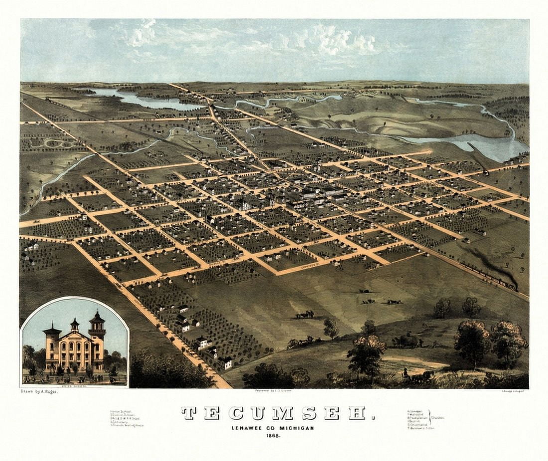 Old Map of Tecumseh Michigan 1868 Lenawee County Canvas Art - (36 x 54)