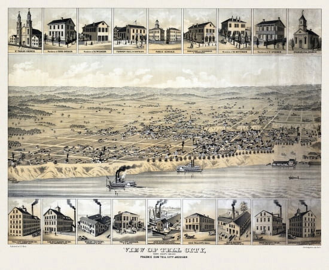 Old Map of Tell City Indiana 1872 Perry County Canvas Art - (18 x 24)