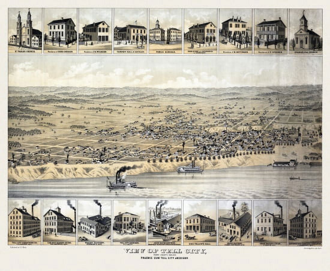 Old Map of Tell City Indiana 1872 Perry County Canvas Art -  (24 x 36)