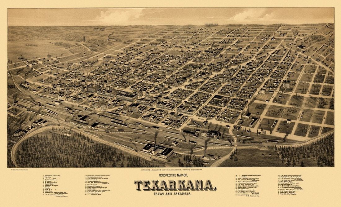 Old Map of Texarkana Texas 1888 Bowie County Canvas Art - (24 x 36)