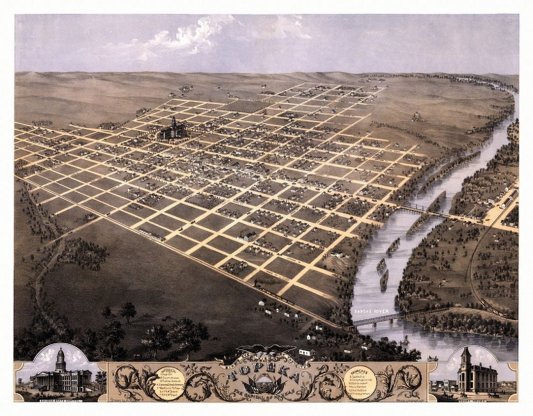 Old Map of Topeka Kansas 1869 Shawnee County Canvas Art - (36 x 54)