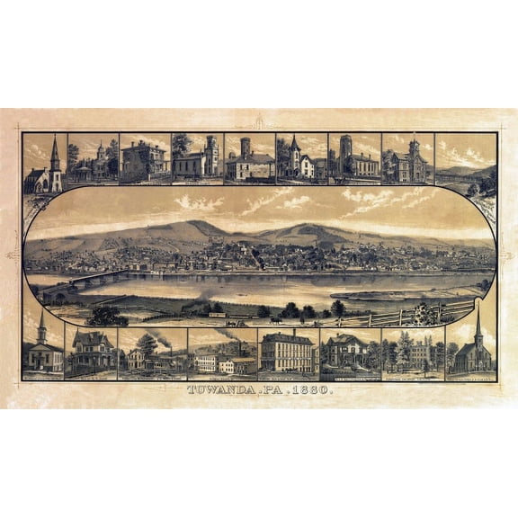 Old Map of Towanda Pennsylvania 1880 Bradford County Canvas Art - (36 x 54)