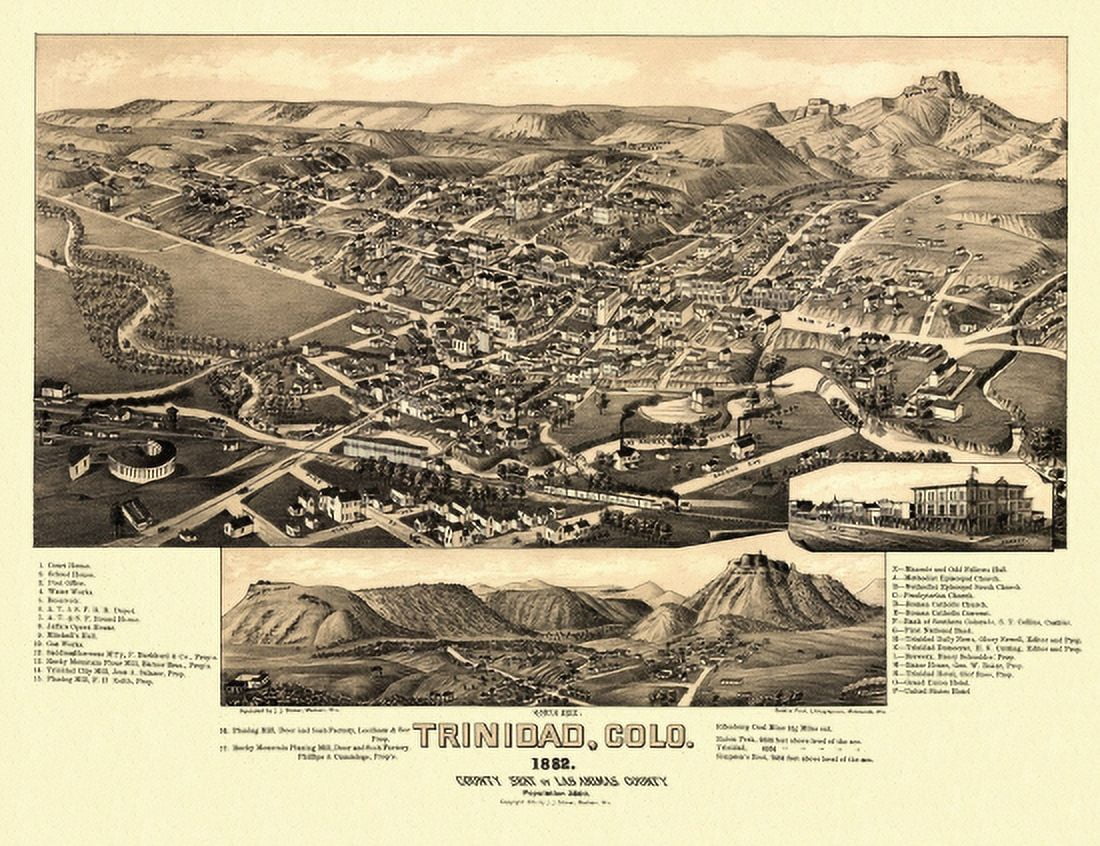 Old Map of Trinidad Colorado 1882 Las Animas County Canvas Art - (24 x 36)