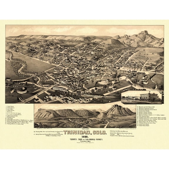 Old Map of Trinidad Colorado 1882 Las Animas County Canvas Art - (24 x 36)