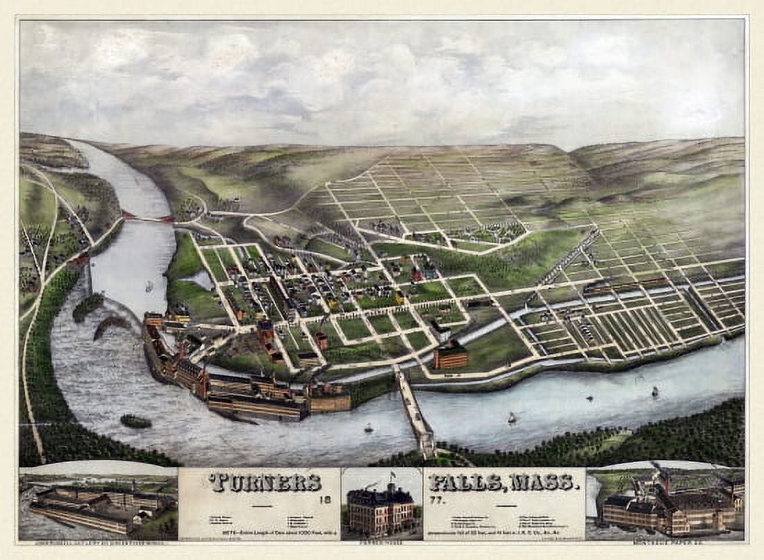 Old Map of Turners Falls Massachusetts 1877 Franklin County Canvas Art - (24 x 36)