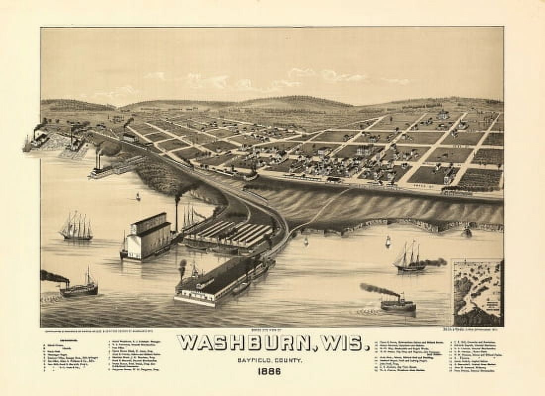 Old Map of Washburn Wisconsin 1886 Bayfield County Canvas Art -  (18 x 24)