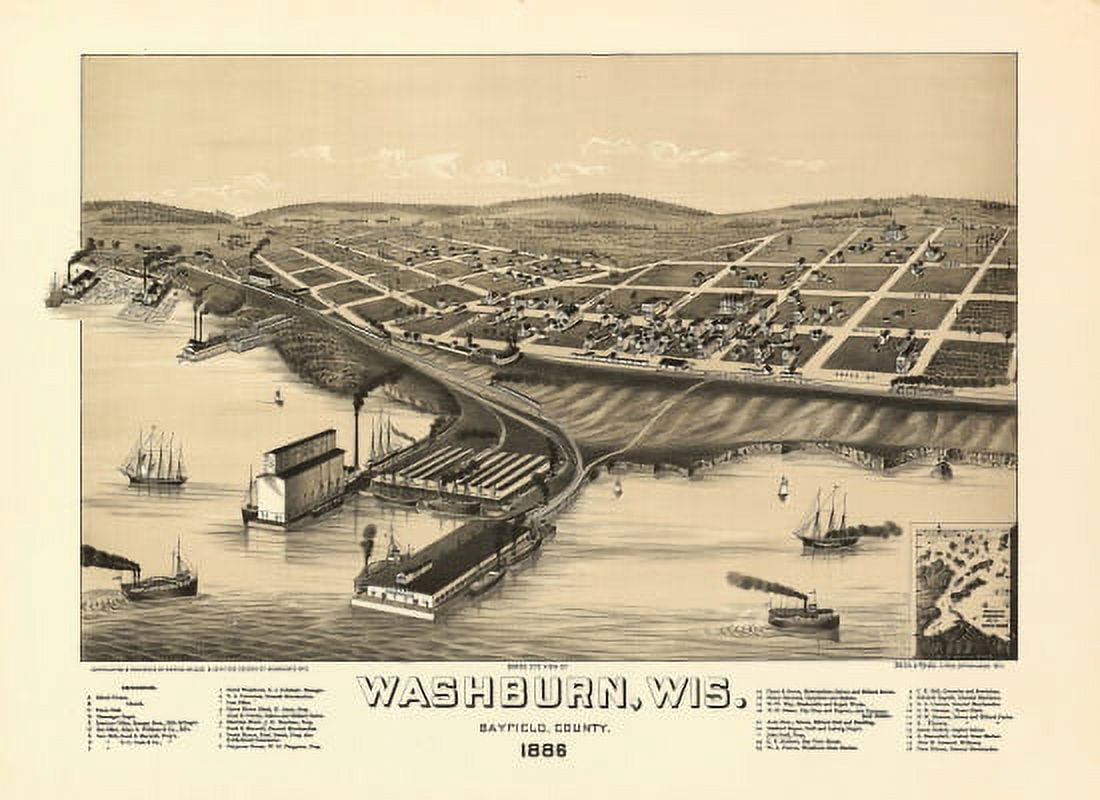 Old Map of Washburn Wisconsin 1886 Bayfield County Canvas Art - (36 x 54)
