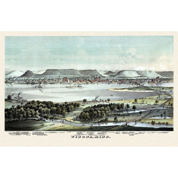 Old Map of Winona Minnesota 1867 Winona County Canvas Art - (36 x 54)