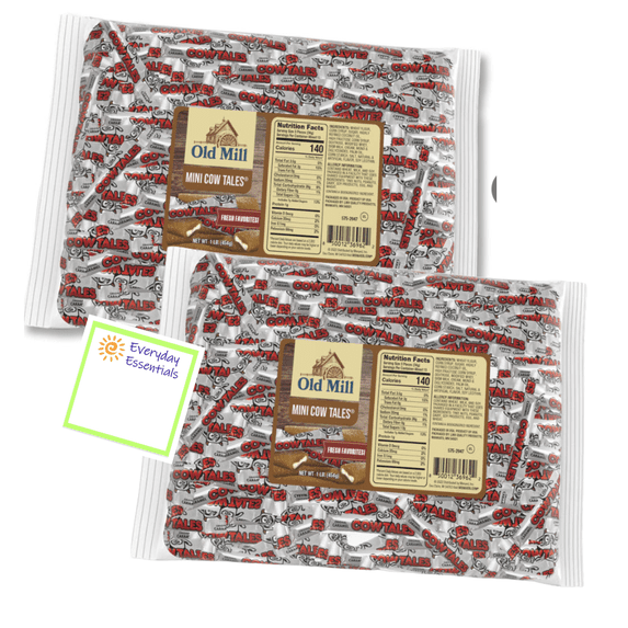 Old Mill Mini Cow Tails Caramel Creams, 16 oz (2 Pack) Bundle with Everyday Essentials Note Pad – Classic Chewy Caramel Candy with Creamy Center