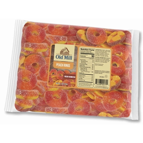 Old Mill Peach Flavored Chewy Gummy Fruit Flavored Sugar Coated Rings, 16 Ounce Bag