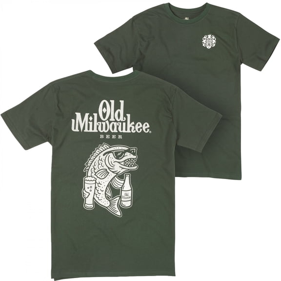 Old Milwaukee Drinking Fish Front and Back Print T-Shirt-XLarge